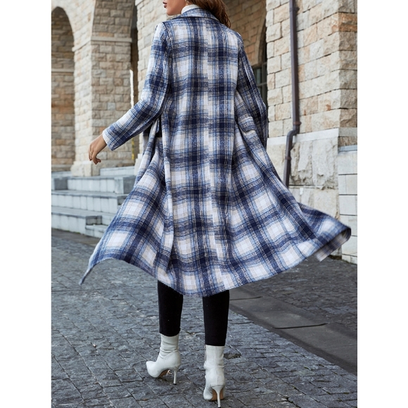 Long Blue Plaid Double Breasted Coat S, L, XL NWOT - Picture 3 of 7